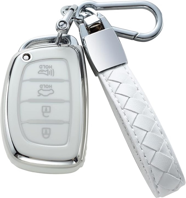 CHEZENHUI Compatible with Hyundai Key Fob Cover with Leather Lanyard, Car Key Case Shell Protection