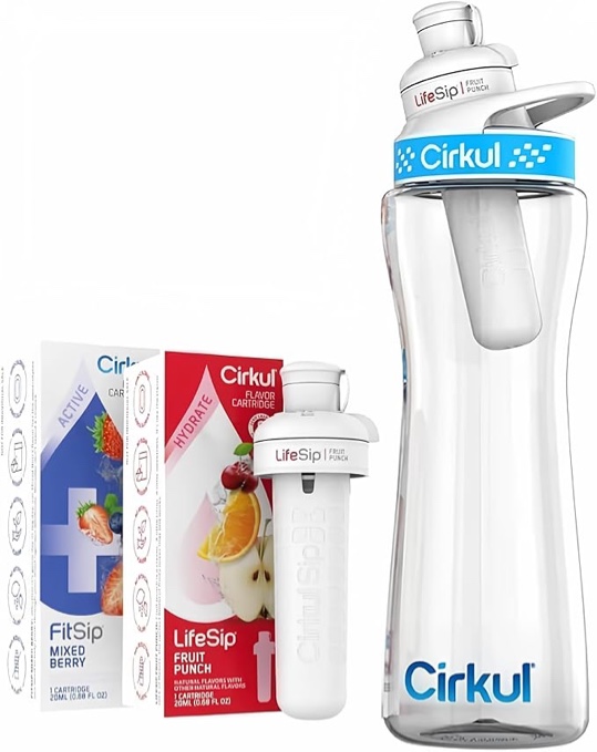 Cirkull 22 oz Plastic Water Bottle Starter Kit with Blue Lid With 1 Fruit Punch & 1 Mixed Berry Cartridge - Great for staying hydrated!