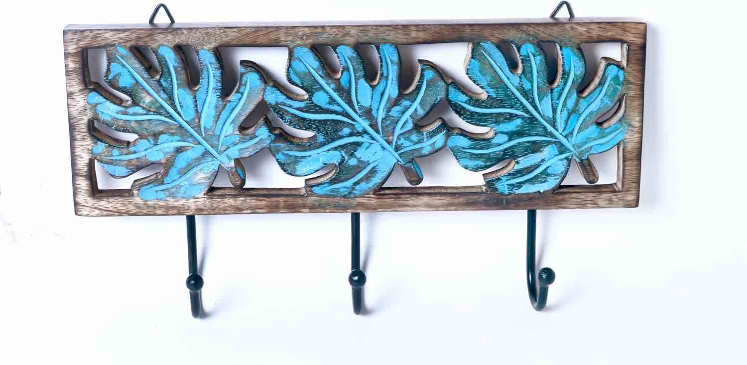 Alivealley Wooden Key Holder with Metal Key Hook, Key Holder Wall Mounted Key Hooks Organizer Key Hanger Rack Wall Mounted for Home, Entryway, Hallway, Office (Brown and Blue)