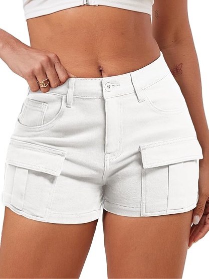 (Small) High-Stretch Women's Cargo Jean Shorts, Trendy High-Waisted Cotton Denim Mini Shorts with 5 Pockets