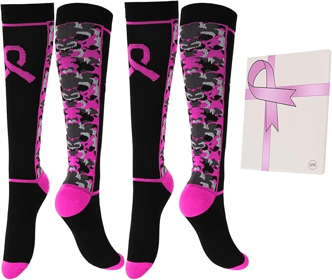 FLPYARD 2 Pairs Breast Cancer Awareness Socks,Pink Ribbon Knee High Compression Socks for Softball S