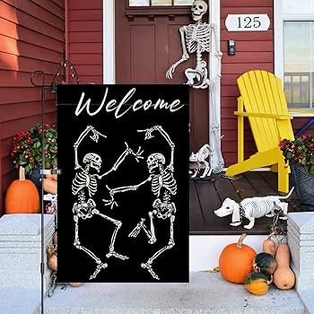 DECEED Happy Halloween Garden Flag 12 x 18 Inch Double Sided, Welcome Halloween Outside Decorations Burlap Yard Flag (Skeleton-black)