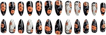 Halloween Press on Nails, Black Almond Fake Nails with Ghost&Flowers Designs, Glossy Artificial Nail