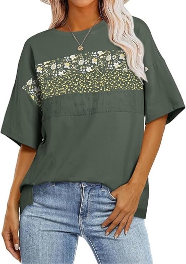 EVALESS Oversized Tshirts for Women Trendy Summer Crochet Tops 2025 Crewneck Short Sleeve Shirts Floral Print Tee T Shirts X-Large Beige