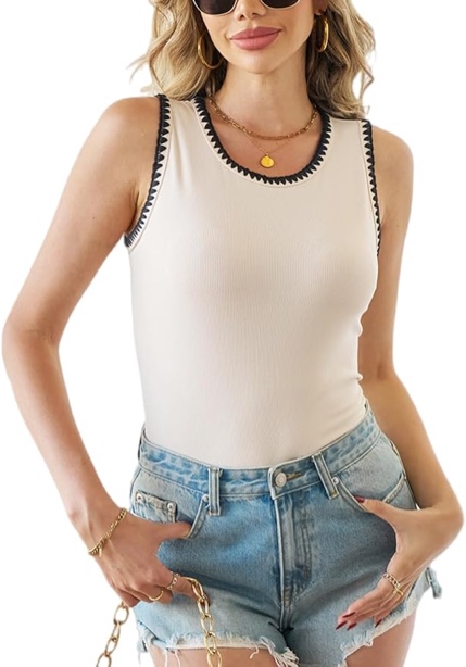 (Size M) CiCiBird Women Tank Tops Summer Sleeveless Casual Basic Tanks Ribbed Color Block Fitted Blouses A Black Medium