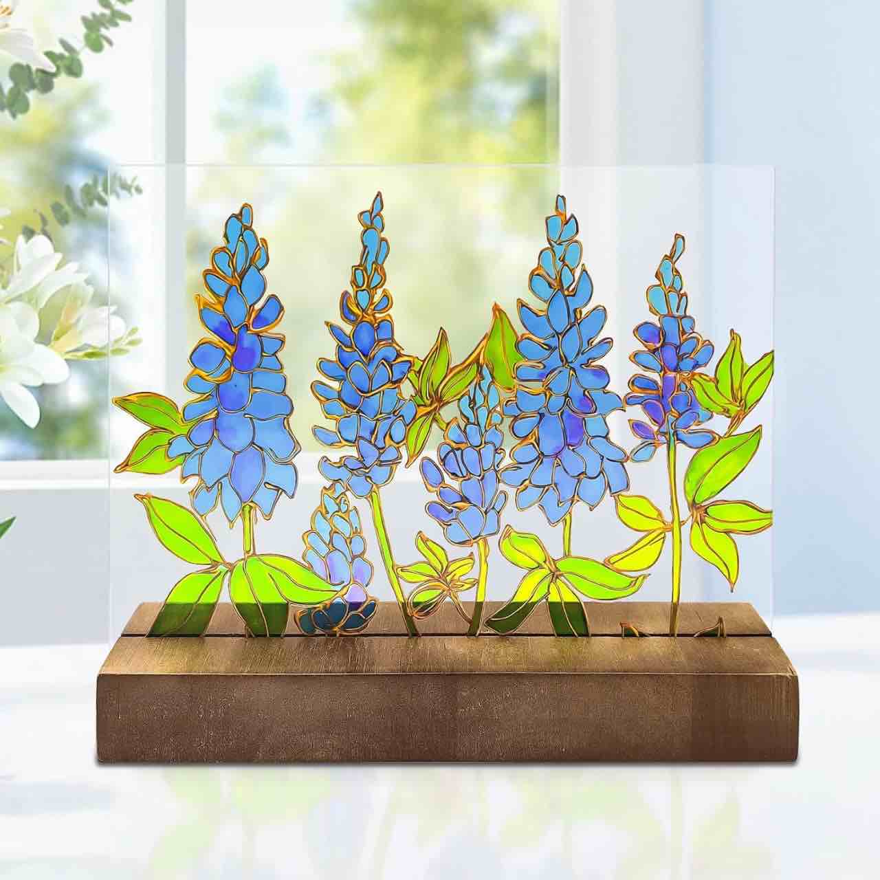 Texas Bluebonnet Decor Stained Glass Suncatcher Bluebonnet Gifts Hand Painted Texas State Flower Window Decor Texas Gifts for Women Blue Bonnet Home Decoration Texas Souvenirs Gifts for Housewarming