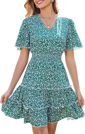 Women Summer Short Sleeve Dress V Neck Tiered Smocked Waist Casual Boho Flowy A Line Midi Dress - XL