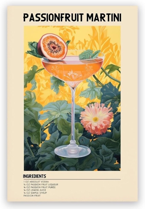 GyXzodonti Passionfruit Martini Cocktail posters retro cocktail wall art Cocktail Drink Wall Decor Vintage bar cart decor Kitchen Home Bar Cart Club Decor Canvas Print 16x24inch Unframed