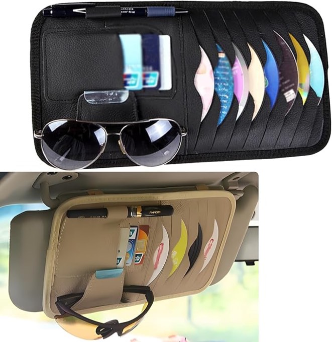 Car Sunvisor Organizer, Multi-Pocket CD Sunglasses Pen Card Storage Bag, Leather Anti-Scratch Protective Bag with Elastic Bands Installation, Universal for Most Cars Trucks