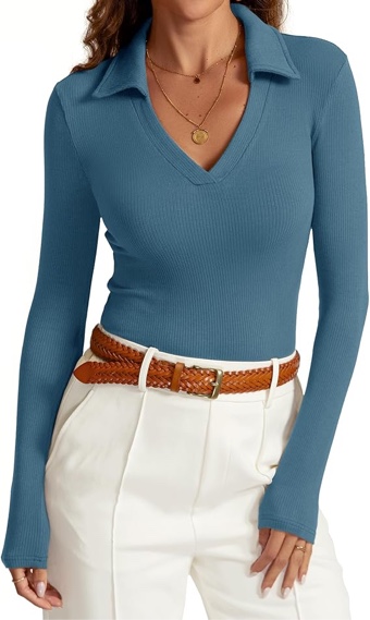 (Large) Womens Long Sleeve V Neck Polo Shirts Business Casual Collared Work Top Slim Fitted Basic 2024 Fall Shirt, Large,