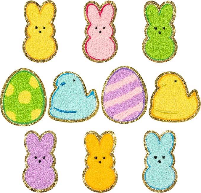 X1zuue 10Pcs Easter Iron on Patches, Bunny Peeps Chenille Iron on Knee Patches Colorful Rabbit Chick Egg Glitter Embroidered Stickers Applique DIY Accessory for Backpack Clothes Dress Pants Hats Jeans