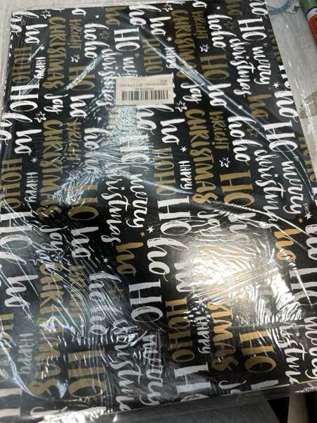 Condition photo showing New/Like New for FIEHALA Flat Christmas Wrapping Paper Sheets - 12 Sheets with 4 Black Gold Patterns - Pre cut & Fold