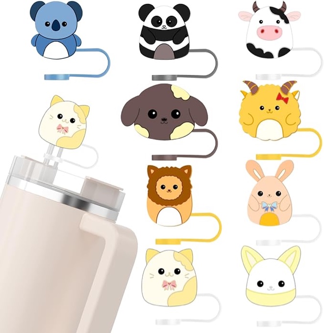 9 Pcs Straw Toppers for Stanley Cup, Silicone Tumbler Straw Covers, Cute Animal Cover Cap Stanley Cup Accessories for Christmas Gifts