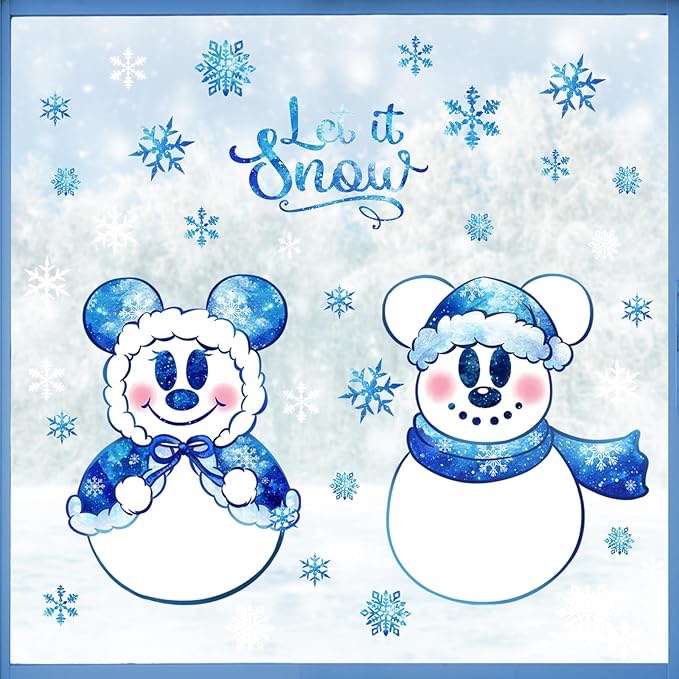 Mfault Winter Snowman Blue Window Clings 4 Sheets, Let It Snow Stickers Decals Decorations, Seasonal Snowflake Castle Home Kitchen Decor