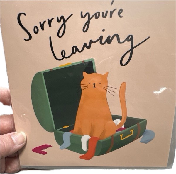 Condition photo showing New/Like New for Old English Co. Cat “Sorry You're Leaving” Card — Fun Farewell Greeting Card | Goodbye, Colleague Leaving, Moving | Blank Inside & Envelope Included