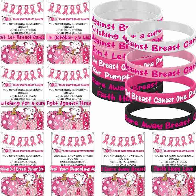 Cunno 48 Sets Halloween Breast Cancer Awareness Bracelets Bulk with Inspirational Cards Pink Ribbon Silicone Wristbands Breast Cancer Awareness Halloween Party Favors for Women Events Charity Gift