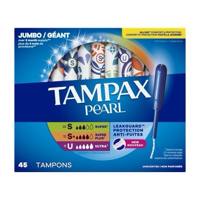 Tampax Pearl Tampon Multipack w/LeakGuard Braid  Super/Super Plus/Ultra Absorbency  45 Ct Unscented