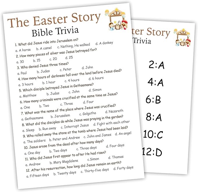 Nuckxy 20 Pcs Bible Game Cards- Bible Trivia Game Cards & 1 Answer Card - Christian Party Game for Religious Activities, School Sunday Activities,Family Easter Party - Party Game & Activities- A03