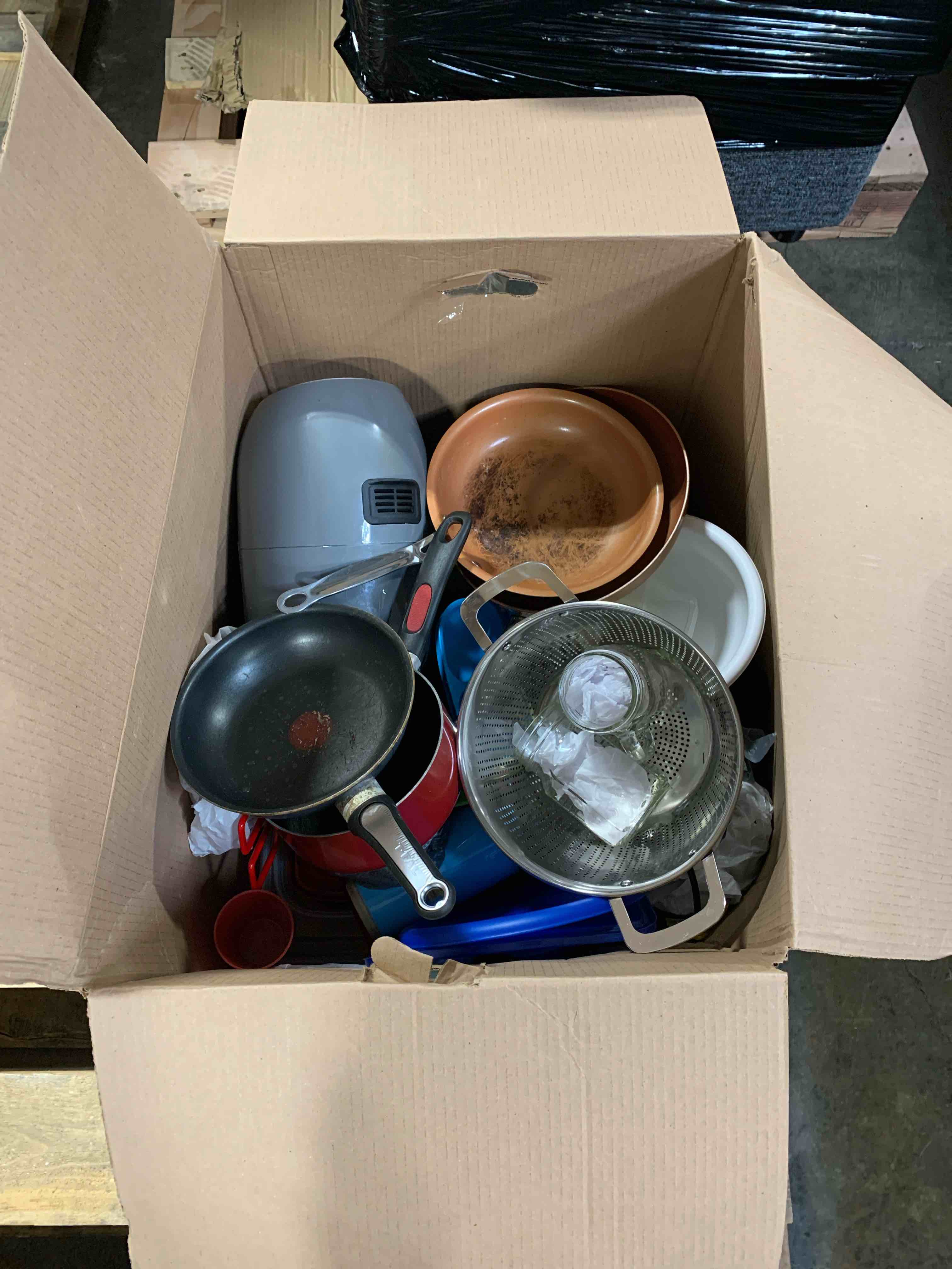Box of Dish’s, pans Kitchen Utensils and More 