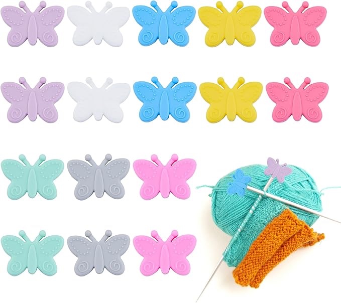 Bekecidi 16 PCS Silicone Knitting Needle Stoppers, Butterfly Knitting Needle Point Protectors Colorful Needle End Cover Stitch Tip Caps Knitting Accessories for Sewing Quilting Crocheting Supplies
