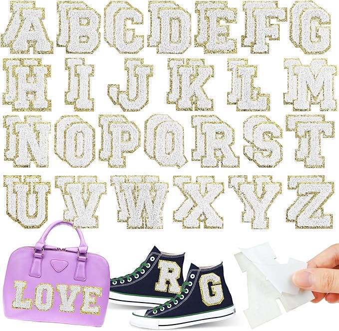 52PCS Chenille Self Adhesive Letter Patches Gold Glitter Border Preppy Varsity Alphabet A-Z 2.2'' Large Embroidered Initial Appliques for Jackets Backpacks Trucker Hats DIY Crafts