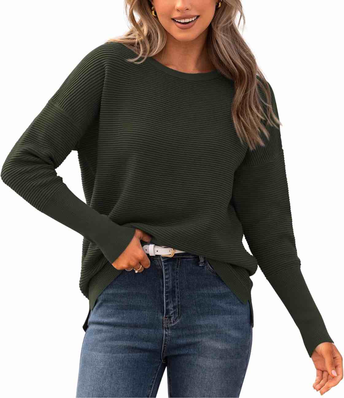 (Small) BTFBM Casual Women Fall Sweater 2024 Long Sleeve Ribbed Knit Pullover Loose Crewneck Split Cozy Sweater