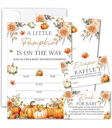 RNYJJ Pumpkin Baby Shower Invitations With Envelopes (20 Count), Autumn Pumpkin Truck Baby Shower Party Fill in Invites Cards, Double Sided Design