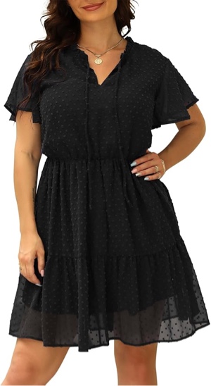 Nemidor Womens Plus Size Swiss Dot Flowy Boho Jacquard Chiffon Print Dress with Ruffle Sleeve NEM312