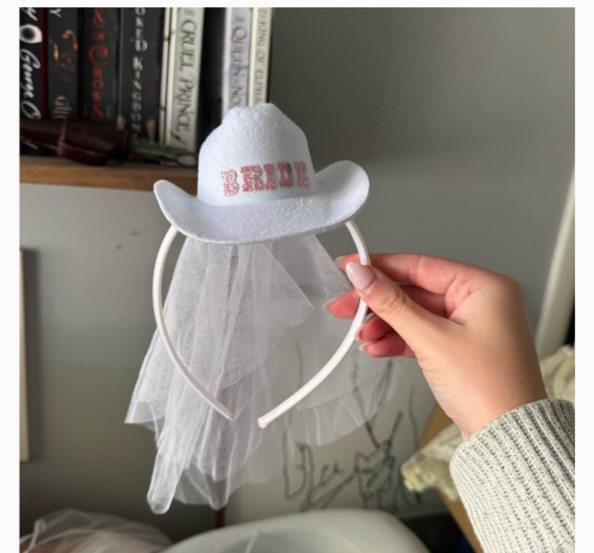 Bride Cowboy Hat Headband with Veil - White