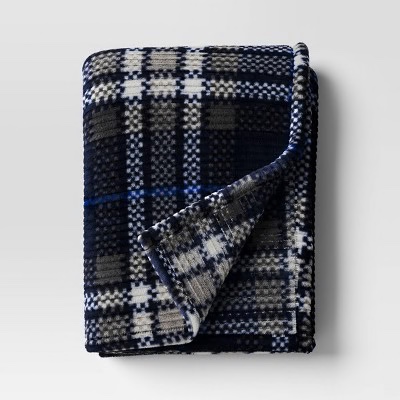 Printed Plaid Ribbed Plush Throw Blanket Navy/Gray/Ivory - Room Essentials™