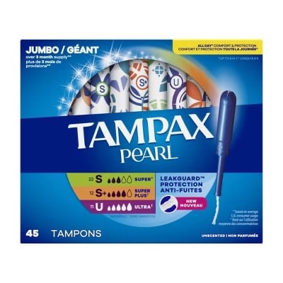 Tampax Pearl Tampon Multipack w/LeakGuard Braid  Super/Super Plus/Ultra Absorbency  45 Ct Unscented