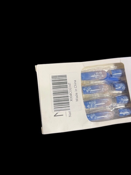 Condition photo showing New/Like New for 24 Pcs Blue Flowers Spuare Press on Nails Long Coffin - SHANRUN French Ballerina Fake Nails Press ons Nail Art Tip Glue on Nails Full Cover Acrylic False Nails with Ombre White Flower Design for Women