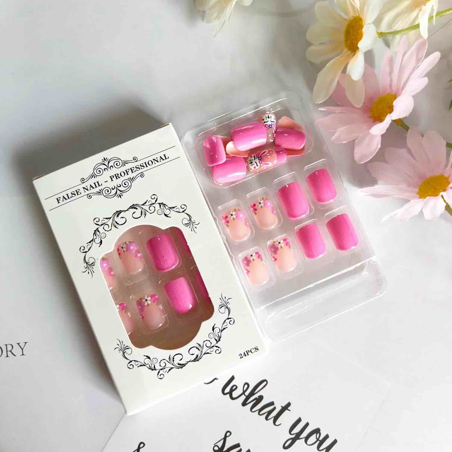 Pink Press on Nails Short Square Fake Nails with Pink Wreath