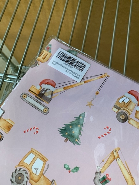 Condition photo showing New/Like New for SaringSwoon Pink Construction Christmas Wrapping Paper for Kids - Holiday Wrapping Paper with Dump Trucks, Cranes, Excavators with Santa Hats & Gifts, Christmas Tree - 40×28 Inches, 4 Folded Sheets