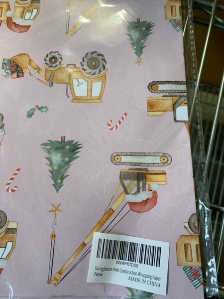 Condition photo showing New/Like New for SaringSwoon Pink Construction Christmas Wrapping Paper for Kids - Holiday Wrapping Paper with Dump Trucks, Cranes, Excavators with Santa Hats & Gifts, Christmas Tree - 40×28 Inches, 4 Folded Sheets