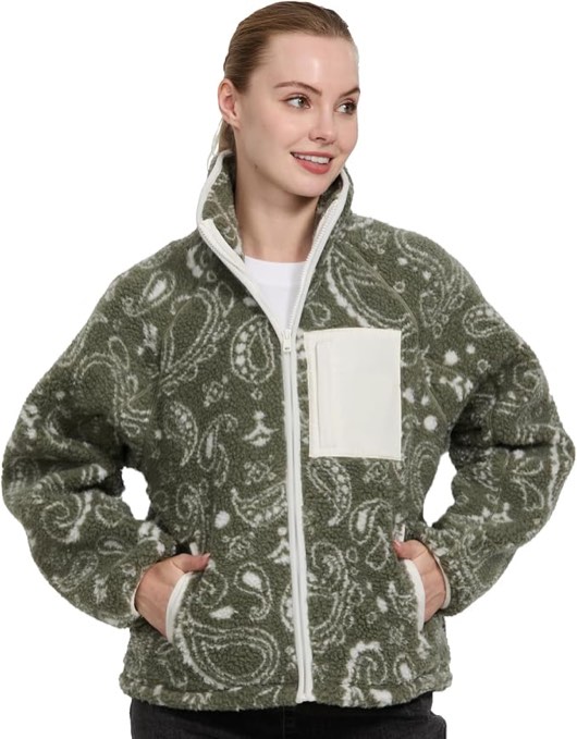 290G Thickened Women's Fleece Jackets Full Zip High Collar Coats Long Sleeve Casual Outdoor Jacket Small, Green + White