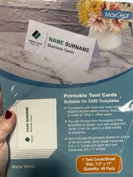 Condition photo showing New/Like New for MaxGear Printable Place Cards, 160Pcs Blank Name Cards for Table Setting, 2" x 3.5" Tent Card for Laser/Inkjet Printers, Seating & Place Setting Card for Events