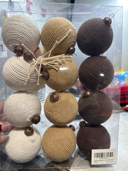 Condition photo showing New/Like New for 12PCS Rustic Burlap Christmas Ornaments, 3.15" Handmade Jute Rope Balls, Farmhouse Christmas Tree Decorations, Boho Natural Hanging Ornaments for Holiday, Party & Home Décor (Multicolor) Multi Color