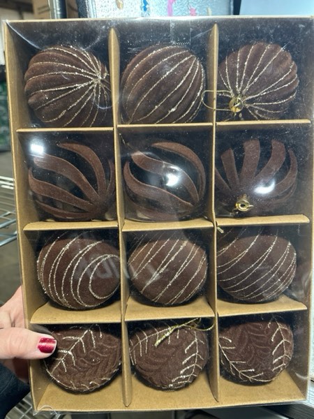 Condition photo showing New/Like New for 3.15INCH Brown Velvet Ornaments for Christmas Tree, 12PCS Glitter Flocked Christmas Ornaments Decorations Balls Set Decor B Brown 3.15inch-12pcs