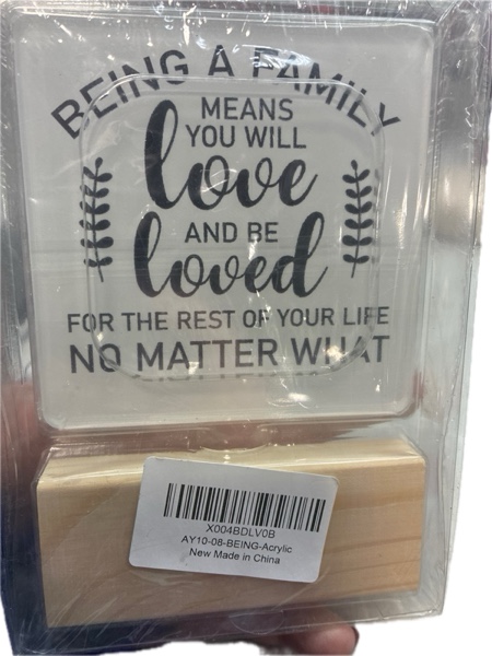 Condition photo showing New/Like New for Family Quote Decorative Wooden Box Sign: “Being a Family Means You Will Love and be Loved” — Wood Block Plaque Decor Rustic Shelf or Wall Display for Home Living Room Bedroom