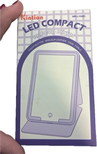 Condition photo showing New/Like New for Kintion Tiny Travel Compact Mirror — 4.6"*2.9" Portable LED Lighted Makeup Mirror, 3 Colors Touch Dimmable Purse Mirror, Rechargeable Folding Cosmetic Mirror for Women (Black)