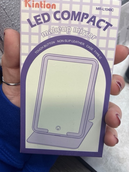 Condition photo showing New/Like New for Kintion Tiny Travel Compact Mirror, 4.6"*2.9" Portable LED Lighted Makeup Mirror, 3 Colors Touch Dimmable Purse Mirror, Rechargeable Folding Cosmetic Mirror for Women, Black