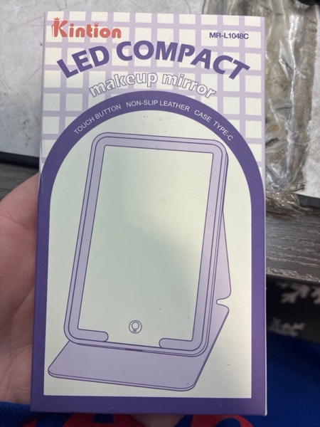 Condition photo showing New/Like New for Kintion Tiny Travel Compact Mirror, 4.6"*2.9" Portable LED Lighted Makeup Mirror, 3 Colors Touch Dimmable Purse Mirror, Rechargeable Folding Cosmetic Mirror for Women, Black