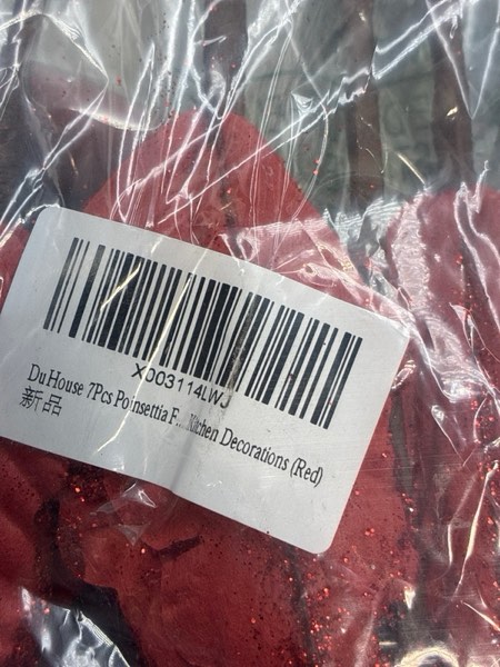 Condition photo showing New/Like New for DuHouse 7Pcs Poinsettia Flowers Picks Artificial Glitter Poinsettia Flowers with Stems Christmas Tree Ornaments with Stems for Home Kitchen Decorations (Red)