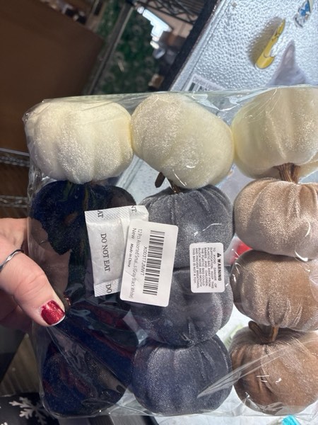 Condition photo showing New/Like New for Winlyn 12 Pcs Small Assorted Faux Velvet Pumpkins Decorative Fabric in White Black Gray Taupe Foam Pumpkins 3" for Farmhouse Fall Wedding Thanksgiving Halloween Table Centerpiece Mantel Décor Gray Black White