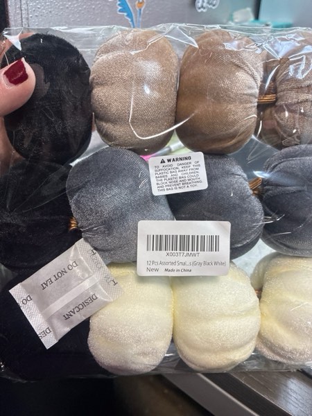 Condition photo showing New/Like New for Winlyn 12 Pcs Small Assorted Faux Velvet Pumpkins Decorative Fabric in White Black Gray Taupe Foam Pumpkins 3" for Farmhouse Fall Wedding Thanksgiving Halloween Table Centerpiece Mantel Décor Gray Black White