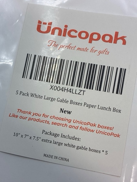 Condition photo showing New/Like New for UnicoPak 5 Pack 10x7x7.5 Extra Large Gable Boxes White Handled Lunch Boxes To Go for Birthday Wedding Party Favors Picnic Welcome
