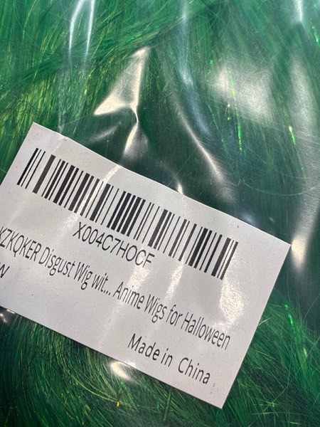 Condition photo showing New/Like New for disgust wig with scarf green wavy cosplay anime wigs for halloween