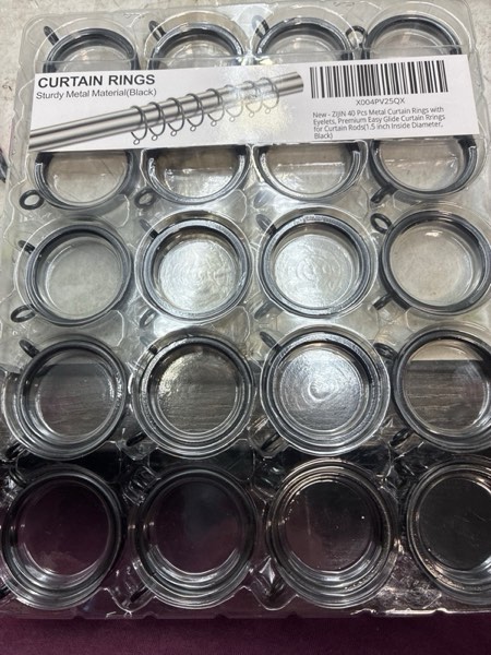 Condition photo showing New/Like New for 40 Pcs Metal Curtain Rings with Eyelets, 1.5 inch Interior Diameter Premium Easy Glide Curtain Rrings for Curtain Rods Black