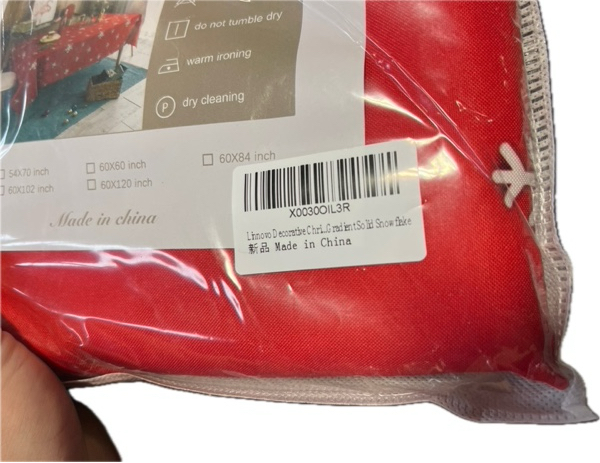 Condition photo showing New/Like New for Decorative Christmas Tablecloth: Gradient-Colored Snowflakes Holiday Red Table Cover — Water Resistant for Picnic Dinner Buffet Parties (Red, 84" x 60", Rectangular)